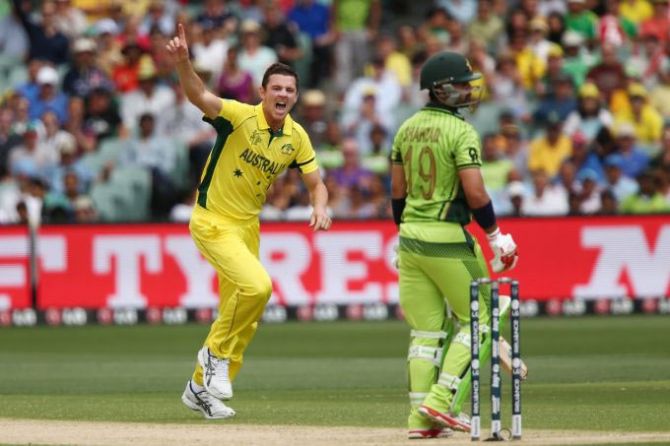 Australia pacer Josh Hazlewood celebrates after getting the wicket of Ahmad Shahzad of Pakistan