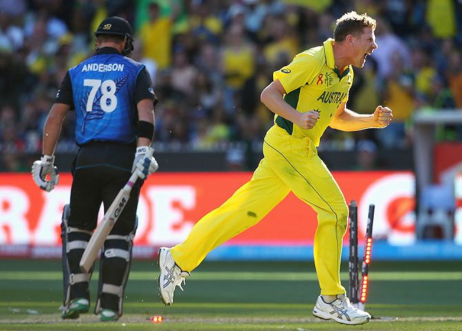 Australia's James Faulkner celebrates after bowling out New Zealand's Corey Anderson