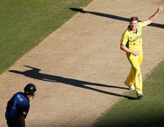 James Faulkner of Australia celebrates taking the wicket of Ross Taylor