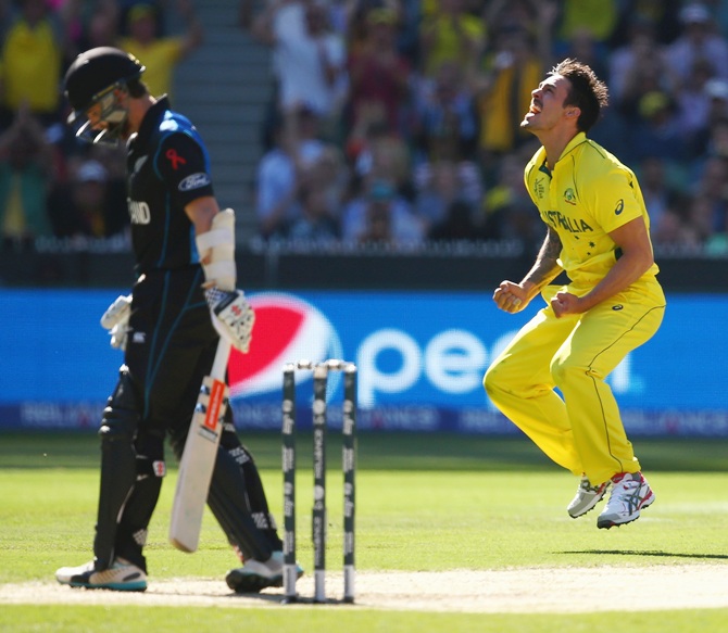 Kane Williamson walks back after being dismissed by Mitchell Johnson. Photograph: Mark Kolbe/Getty Images