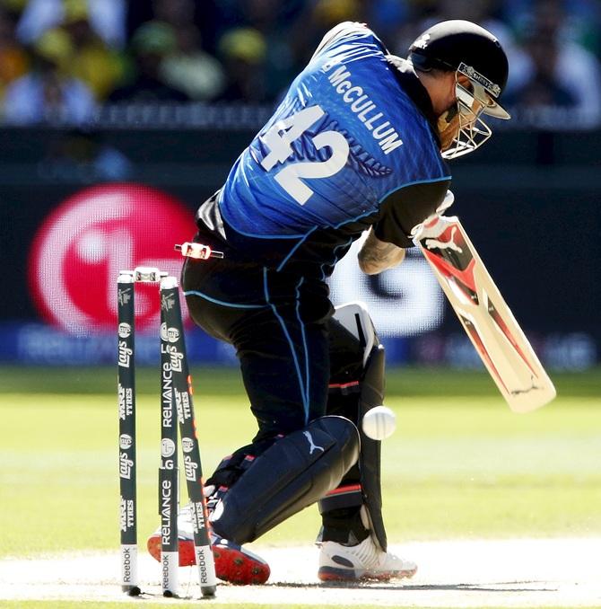 Where it all started to go wrong. Brendan McCullum bowled off the third ball of the final by Mitchell Starc. Photograph: Brendon Mallon/Reuters