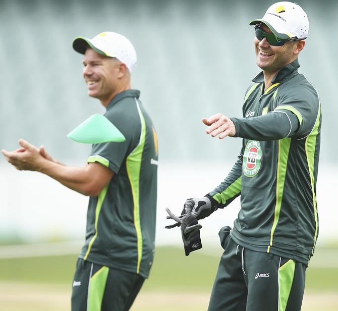 Michael Clarke and David Warner of Australia