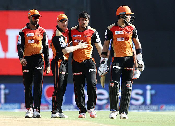 Sunrisers Hyderabad players celebrate a wicket