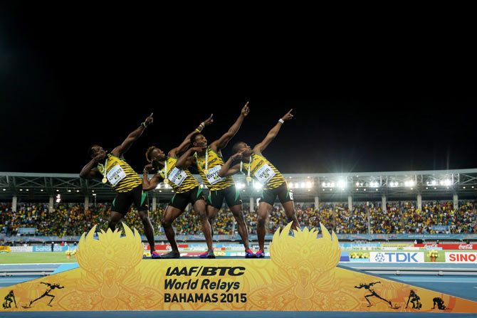 Nickel Ashmeade, Rasheed Dwyer, Jason Livermore, and Warren Weir of Jamaica celebrate after winning the final of the men's 4 x 200 metres relay on day two of the IAAF/BTC World Relays, Bahamas 2015 at Thomas Robinson Stadium in Nassau, Bahamas, on Saturday