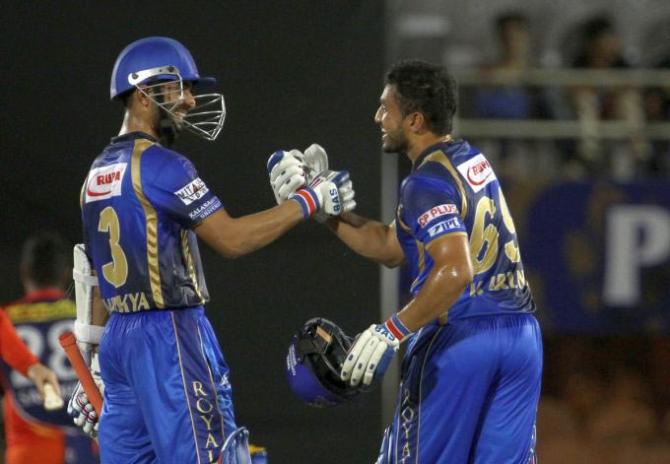 Ajinkya Rahane congratulates Karun Nair of Rajasthan Royals on his half-century