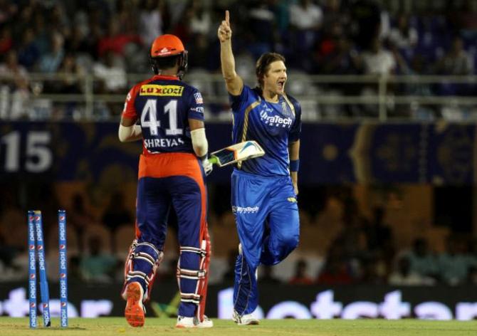 Shane Watson of Rajasthan Royals celebrates after dismissing Sheyas Iyer of Delhi Daredevils