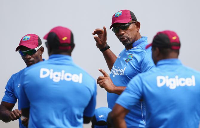 Phil Simmons (2nd right) the head coach of West Indies at a nets session