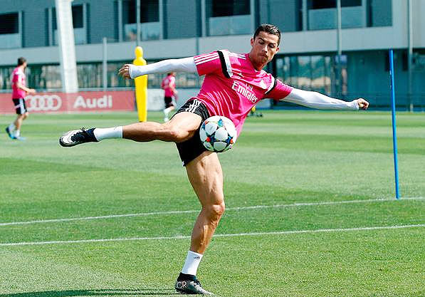 Real's Cristiano Ronaldo goes through the grind at a team training session in Madrid on Monday