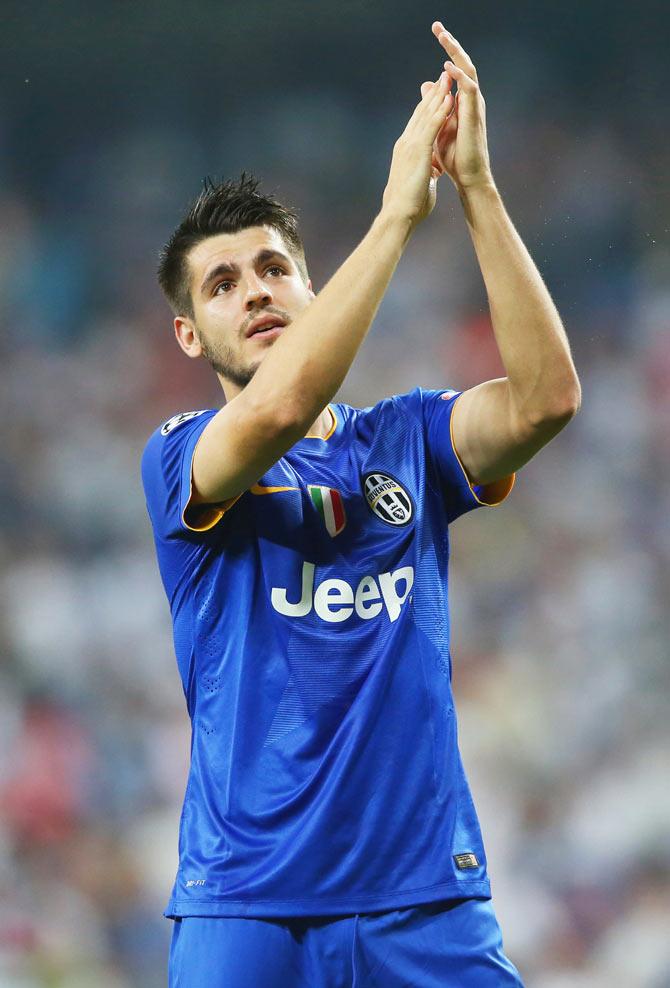 Juventus' Alvaro Morata acknowledges the fans 