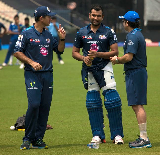 (From left) Mumbai Indians coach Ricky Ponting, skipper Rohit Sharma and Sachin Tendulkar during a practice session