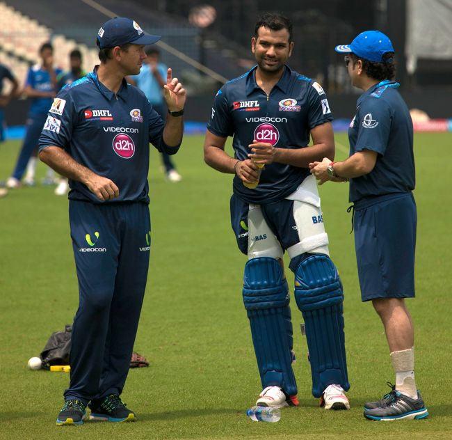 (From left) Mumbai Indians coach Ricky Ponting, skipper Rohit Sharma and Sachin Tendulkar during a practice session