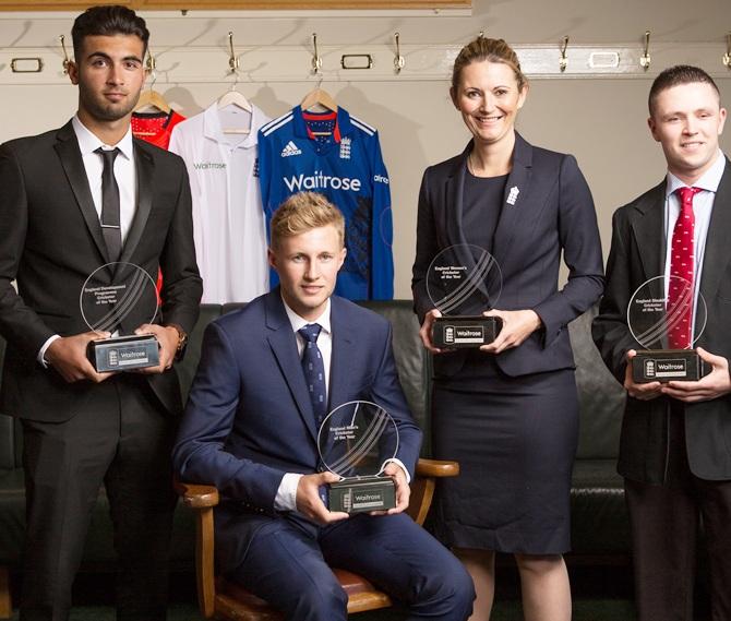 From left, Saqib Mahmood, Joe Root, Charlotte Edwards