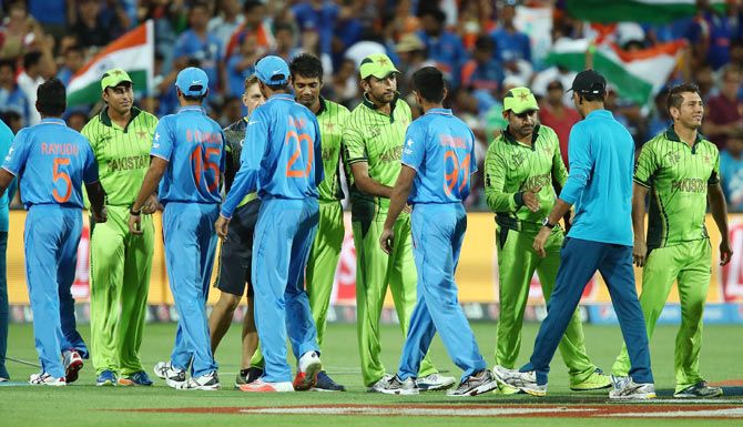 Pakistan and India greet each othe after their 2015 World Cup match at the Adelaide Oval