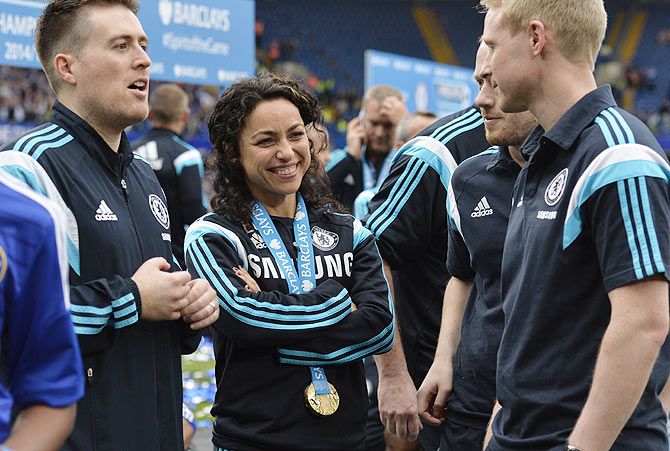 Chelsea first team doctor Eva Carneiro celebrates with the team's support staff
