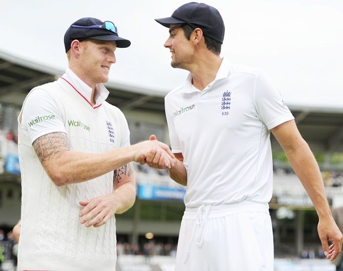 England captain Alastair Cook speaks with Ben Stokes