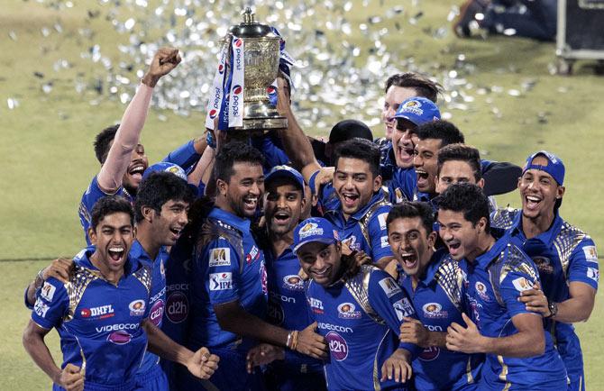 Mumbai Indians celebrate winning the IPL