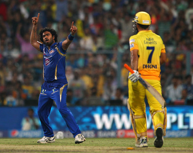 Lasith Malinga celebrates Mahendra Singh Dhoni's wicket in the IPL 8 final, May 26, 2015. Photograph: BCCI