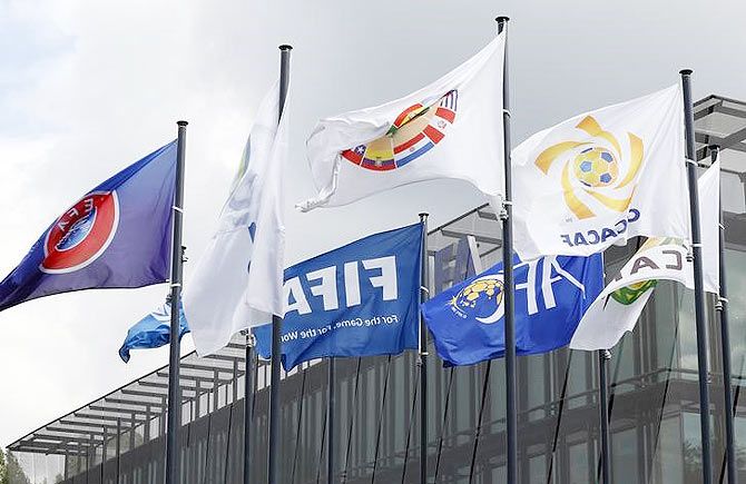 FIFA flags fly at the headquaters in Zurich 
