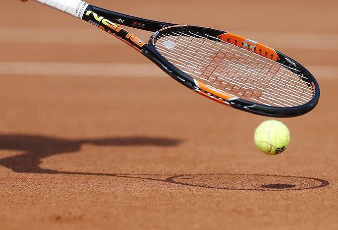 A close-up shows the racket of Simona Halep of Romania during the women's singles match against Evgeniya Rodina of Russia at the French Open