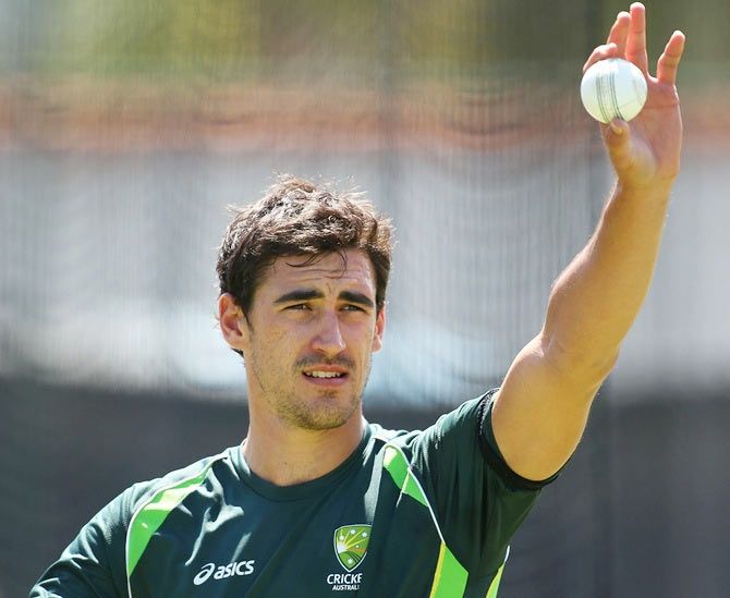 Mitchell Starc looks on during the Australian nets session