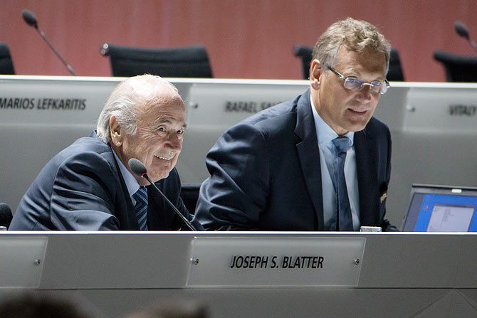 FIFA President Joseph 'Sepp' Blatter (right) and FIFA Secretary General Jerome Valcke at the 65th FIFA Congress at Hallenstadion on Friday