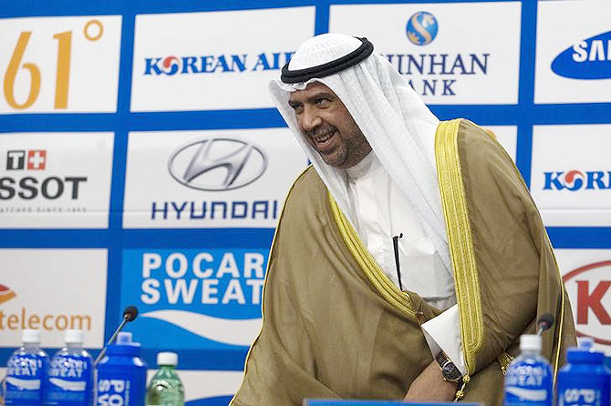 Olympic Council of Asia (OCA) President Sheikh Ahmad Al-Fahad Al-Sabah arrives at a news conference