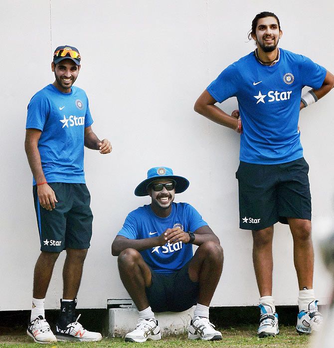 India pacers Ishant Sharma, Varun Aaron and Bhavaneswar Kumar during a practice session on Tuesday, ahead of the first Test match against South Africa at Mohali