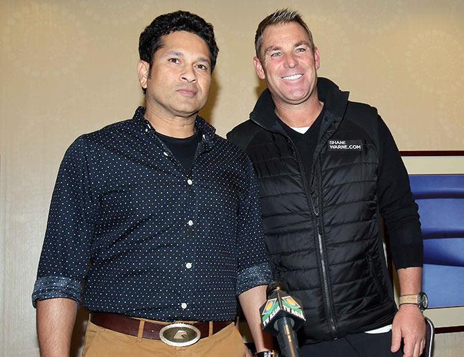 Sachin Tendulkar and Shane Warne at the New York press conference. Photograph: Paresh Gandhi/Rediff.com