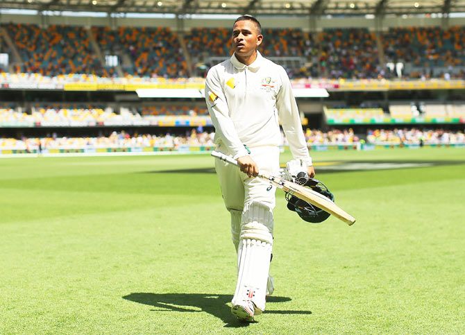 Australia's Usman Khawaja leaves the field after his innings of 174 on day two of the first Test against New Zealand at The Gabba in Brisbane, on Friday