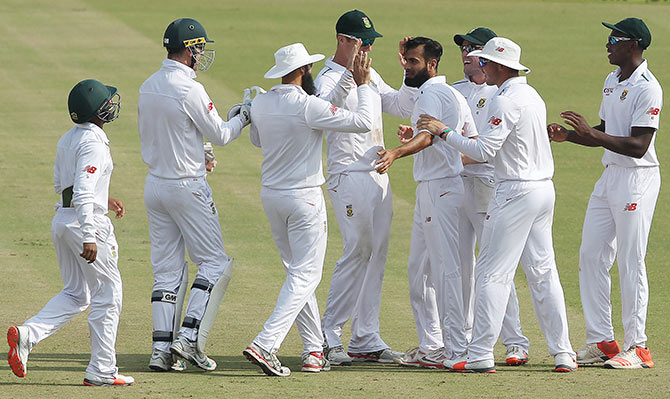 Imran Tahir of South Africa celebrates a wicket 