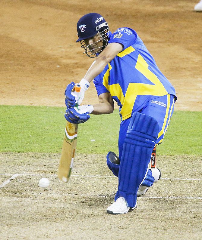 Sachin Tendulkar bats during Game 2 of the Cricket All-Stars match at Minute Maid Park in Houston, Texas.