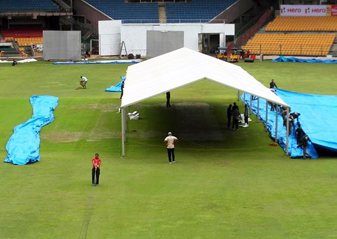 The shamiana erected over the pitch at the M Chinnaswamy stadium in Bangalore on Thursday