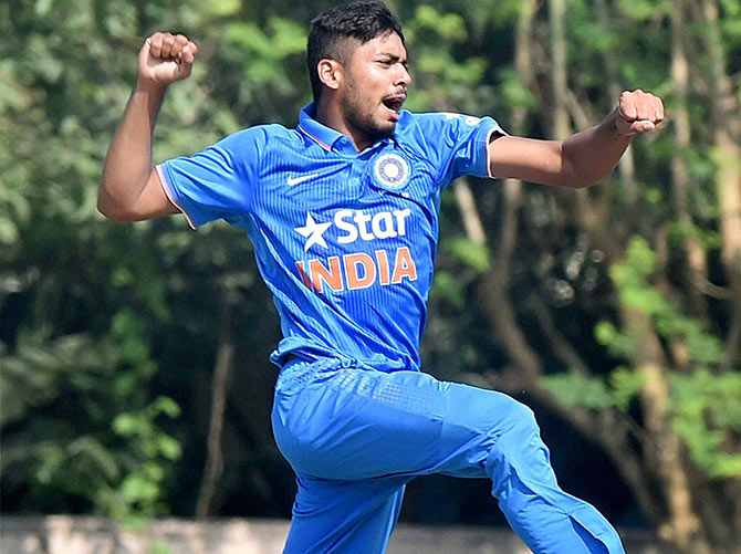 India u-19 bowler Avesh Khan celebrates a wicket  
