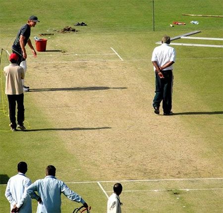 Pitch inspection at the Feroz Shah Kotla stadium