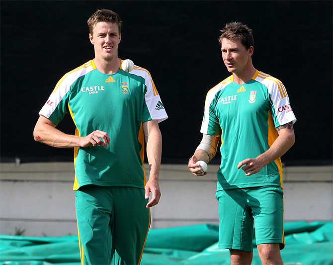 Morne Morkel and Dale Steyn (right) of South Africa prepare to bowl during a team training session 