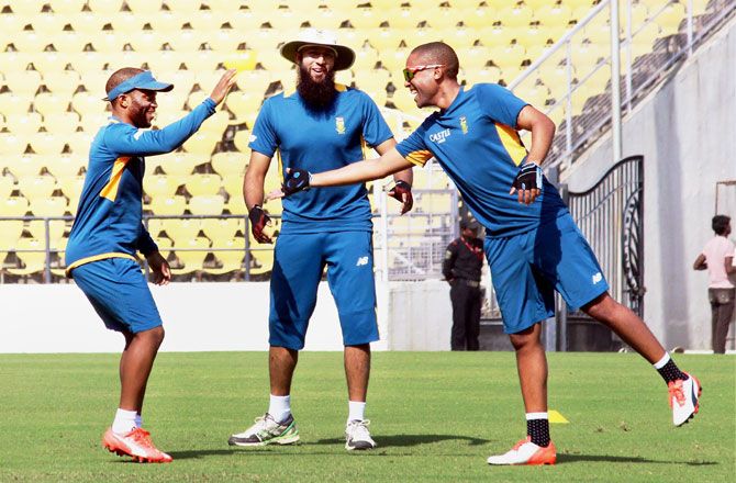 South African cricketer Hashim Amla and his teammates attend a practice session at the Vidarbha Cricket Association (VCA) Stadium ahead of 3rd Test match against India in Nagpur on Sunday