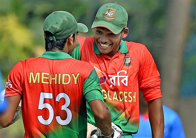 Bangladesh U-19 Captain Mehindy Hassan Miraz and his teammate Najmul Hossain Shanto celebrate after winning against Afghanistan 