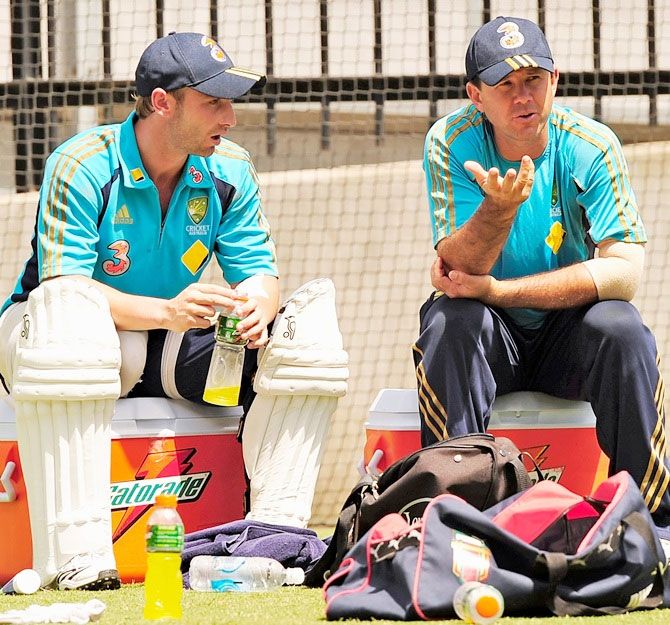 Phillip Hughes and Ricky Ponting of Australia speak during a nets session