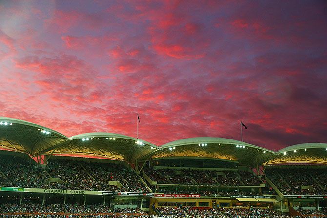  A general view of play under lights on the first day of third Test, between Australia and New Zealand, the first ever day-night Test, at Adelaide Oval on Friday