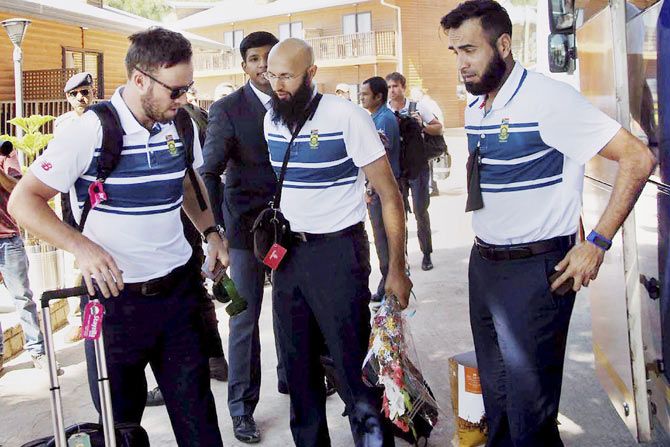 South African cricketers, AB de Villiers, Hashim Amla and Imran Tahir arrive at the HPCA hotel The Pavilion, ahead of the The Mahatma Gandhi-Nelson Mandela series between India and South Africa in Dharamsala on Wednesday