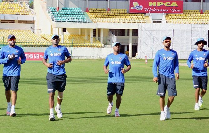 Team India players during a practice session at International Cricket Stadium in Dharamsala