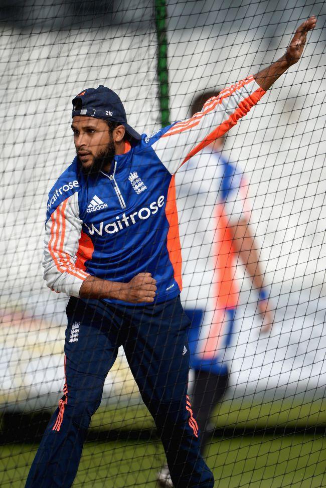 England's Adil Rashid bowls during a nets session