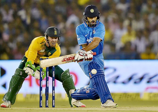 Indian batsman S Dhawan plays a shot during the 2nd T20 match against South Africa at Barabati Stadium in Cuttack on Monday