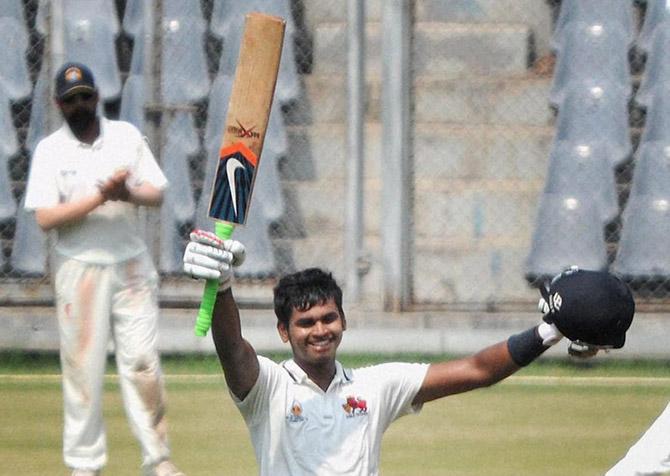 Shreyas Iyer of Mumbai celebrates his 200 hundred runs during the Ranji trophy match against Punjab at Wankhede Stadium 