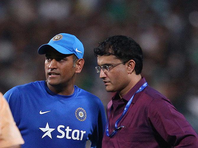 India's T20 and ODI captain MS Dhoni with former captain Sourav Ganguly