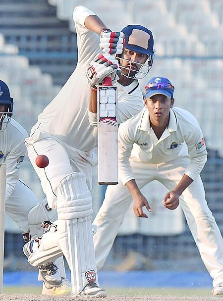 Rajasthan Captain Ashok Menaria plays a shot against Bengal during their Ranji Trophy match at Eden Garden in Kolkata on Sunday