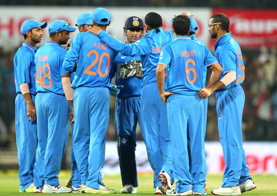 Indian players celebrate the wicket of Faf du Plessis of South Africa during the Indore ODI 