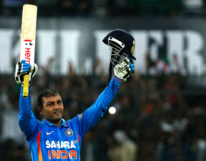 India's captain Virender Sehwag celebrates after scoring 200  