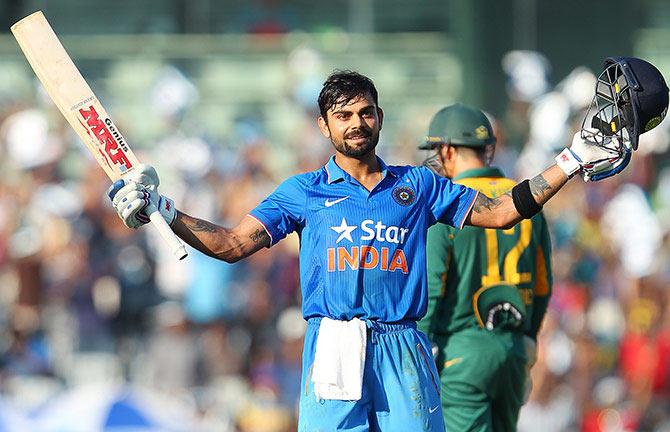 India's Virat Kohli celebrates his century during the fourth ODI against South Africa in Chennai