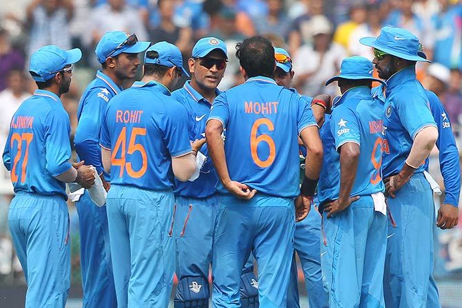 The Indian team during the fifth ODI with South Africa in Mumbai.